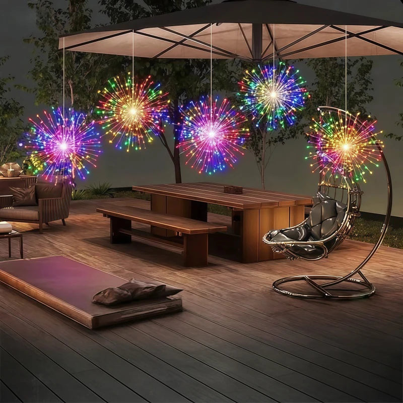 4/5 pièces de lumières solaires suspendues en forme de feux d'artifice pour les avant-toits, alimentées par énergie solaire avec capteur de lumière, lumières décoratives pour jardin extérieur