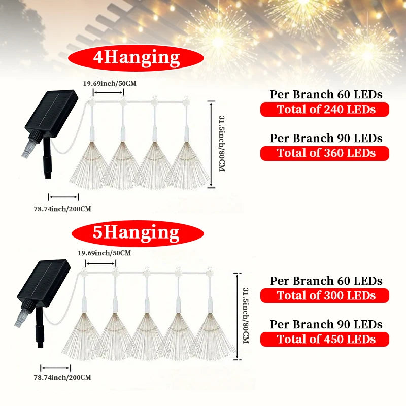 4/5 pièces de lumières solaires suspendues en forme de feux d'artifice pour les avant-toits, alimentées par énergie solaire avec capteur de lumière, lumières décoratives pour jardin extérieur