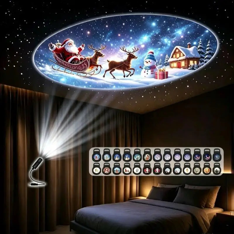 Projecteur LED de Noël alimenté par USB avec 6 diapositives interchangeables pour la décoration intérieure de fêtes, de la maison et de la chambre à coucher