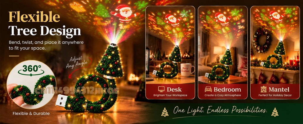 Projecteur de lumière de Noël, veilleuse de Noël alimentée par USB avec plus de 6 motifs festifs, lampe d'arbre flexible pour chambre à coucher, plafond