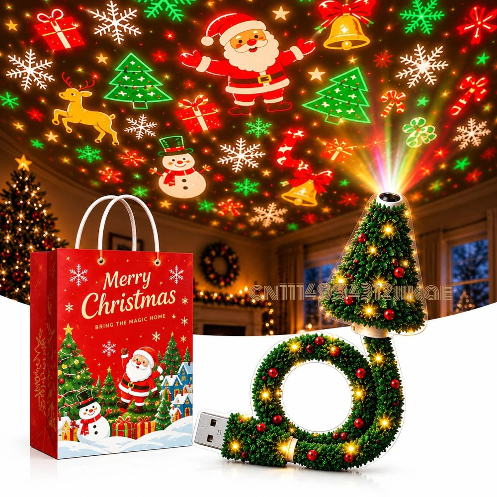 Projecteur de lumière de Noël, veilleuse de Noël alimentée par USB avec plus de 6 motifs festifs, lampe d'arbre flexible pour chambre à coucher, plafond