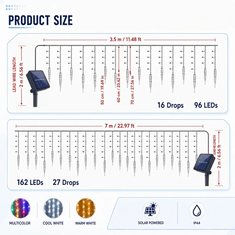 Guirlande lumineuse solaire à 162 LED de 9 mètres, pour décoration extérieure de gouttières, jardin, fête, cour, Noël et vacances.