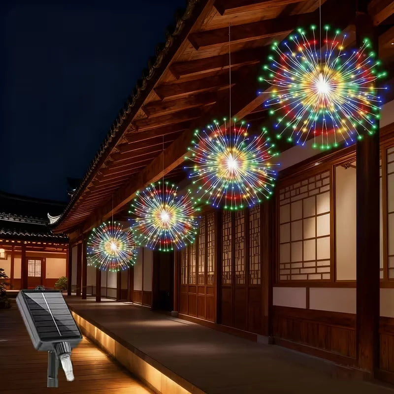 4/5 pièces de lumières solaires suspendues en forme de feux d'artifice pour les avant-toits, alimentées par énergie solaire avec capteur de lumière, lumières décoratives pour jardin extérieur