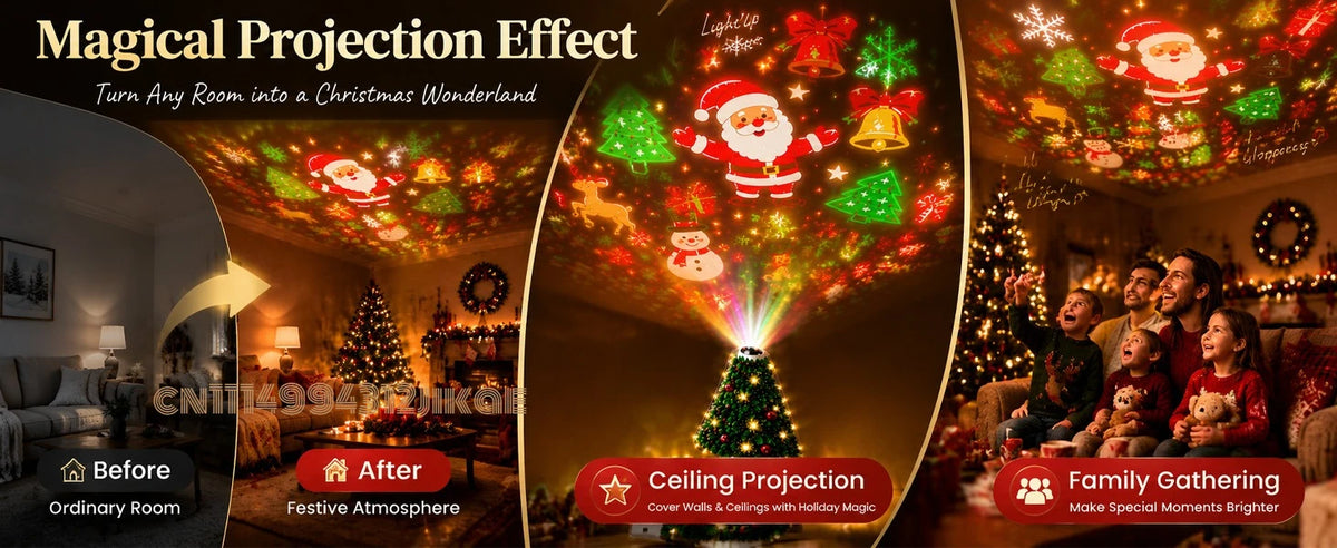 Projecteur de lumière de Noël, veilleuse de Noël alimentée par USB avec plus de 6 motifs festifs, lampe d'arbre flexible pour chambre à coucher, plafond