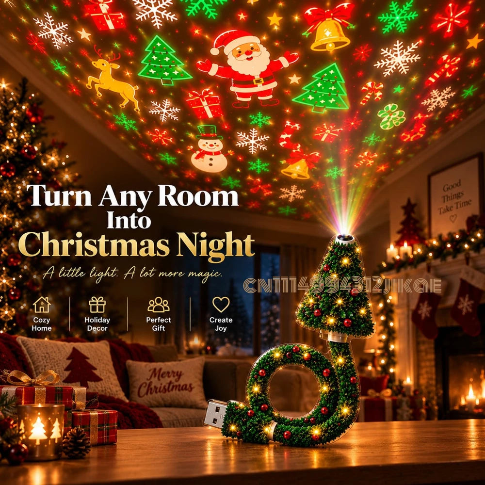 Projecteur de lumière de Noël, veilleuse de Noël alimentée par USB avec plus de 6 motifs festifs, lampe d'arbre flexible pour chambre à coucher, plafond
