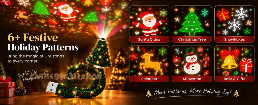 Projecteur de lumière de Noël, veilleuse de Noël alimentée par USB avec plus de 6 motifs festifs, lampe d'arbre flexible pour chambre à coucher, plafond
