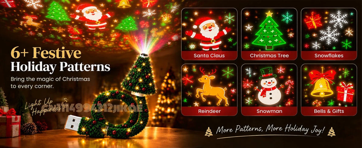 Projecteur de lumière de Noël, veilleuse de Noël alimentée par USB avec plus de 6 motifs festifs, lampe d'arbre flexible pour chambre à coucher, plafond