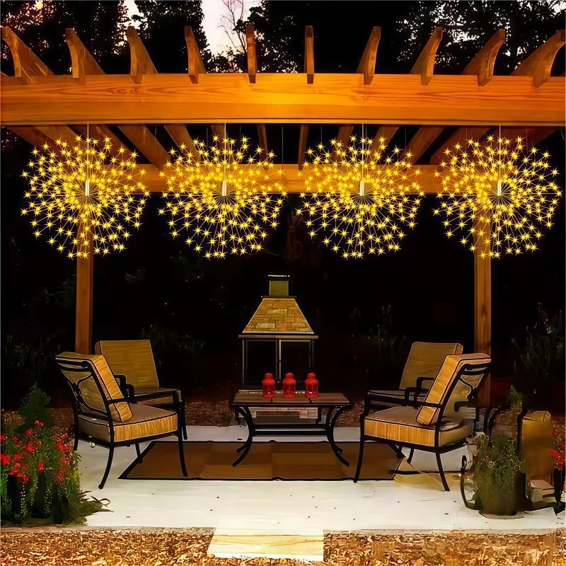 4/5 pièces de lumières solaires suspendues en forme de feux d'artifice pour les avant-toits, alimentées par énergie solaire avec capteur de lumière, lumières décoratives pour jardin extérieur