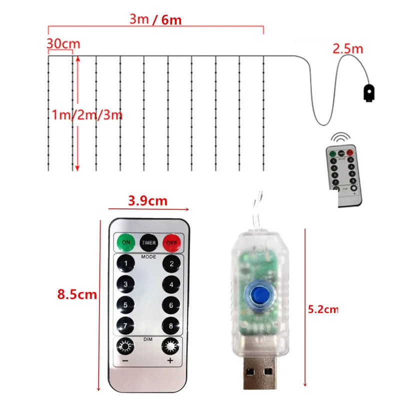 Guirxiété de rideau LED sur la fenêtre, guirxiété lumineuse USB, feston nickel é, télécommande, décorations de Noël et de mariage, maison et chambre, 3m